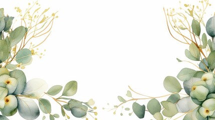 The workspace is decorated with green eucalyptus leaves, floral pattern on a white background. The apartment lay, top view. Floral frame. Frame of flowers.