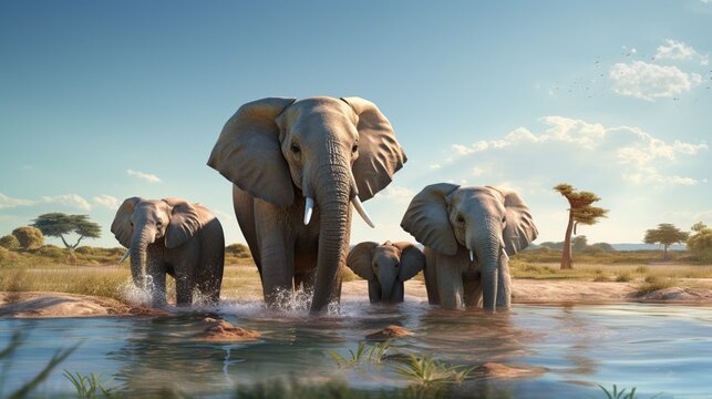 A family of elephants splashing and playing in a crystal-clear, computer-generated watering hole.