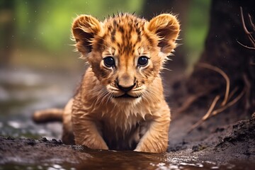 Cute and beautiful young kitten, lion cub in the wilderness. Small African wild cat, savanna...