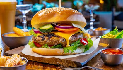 Visually appealing scene showcasing a mouthwatering burger placed on a restaurant table