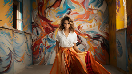 young female on a backdrop of a colorfull wall.Ai