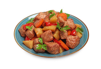 Plate with delicious goulash isolated on white