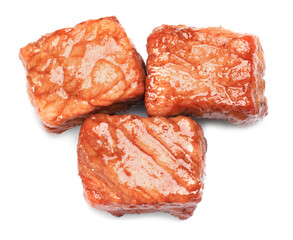 Pieces of delicious cooked beef isolated on white, top view. Tasty goulash