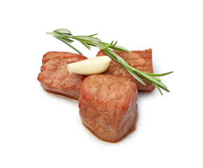 Pieces of delicious cooked beef, rosemary and garlic isolated on white. Tasty goulash