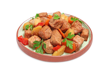 Plate with delicious goulash isolated on white