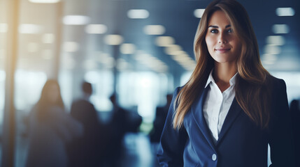 A businesswoman in a power suit negotiating a deal in a boardroom, Business woman, Women day, blurred background, with copy space - obrazy, fototapety, plakaty
