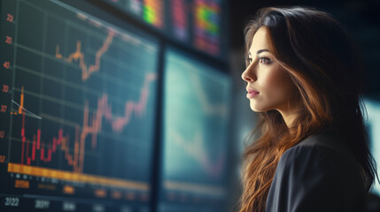 A woman in finance analyzing stock market trends, Business woman, Women day, blurred background, with copy space