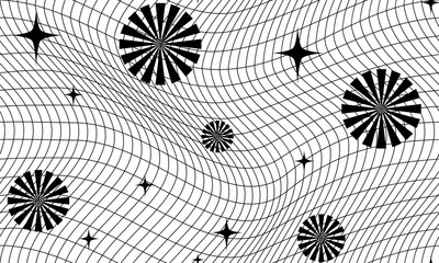 Obraz premium Retro Futuristic abstract Wavy Grid and Geometric Shapes Seamless Pattern. Wireframe Avant-Garde Print in Black and White Colors. Polygonal 3d Surface, Vector Illustration.