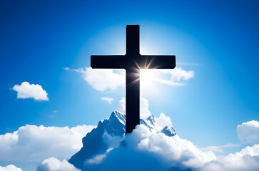 The cross sits on the mountaintop, with a bright sky and cloud background.Belief and Belief