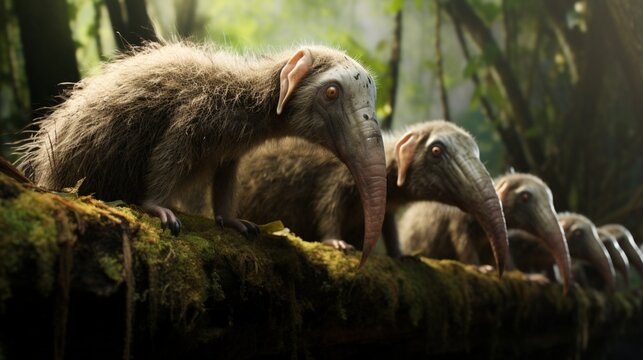 Anteaters searching for ants in a digitally created South American rainforest, capturing their distinctive long snouts.