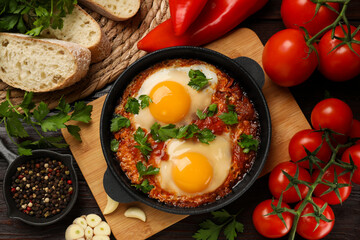 Flat lay composition with delicious shakshuka in frying pan on wooden table - obrazy, fototapety, plakaty