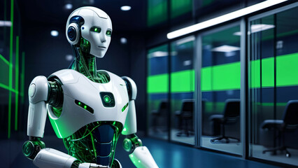 3d rendering humanoid robot working in data center with green screen background, AI generated