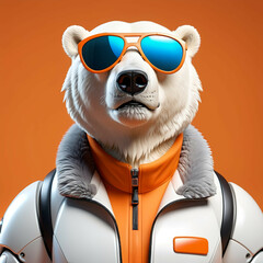 Polar bear in the orange jacket and sunglasses, AI generated