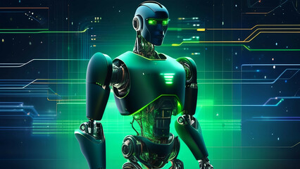 Fototapeta na wymiar 3d rendering humanoid robot with circuit board background, future technology concept, AI generated