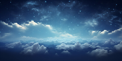 The sky is blue with clouds and the moon in the background, Stunning panoramic view of starry night sky with Milky Way, A blue sky with clouds and stars in the sky, generative AI


