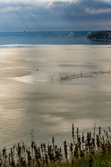 Fishing equipment in the sea waters in Black Sea near Kaliakra, Bulgaria, elevated cliffs view