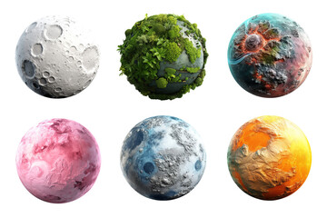Generative AI, PNG set of 6 different beautiful planets	 - obrazy, fototapety, plakaty