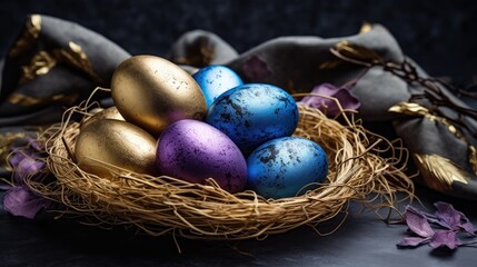 Our image showcases Easter eggs in a nest on a rustic wooden background, creating a festive holiday scene.