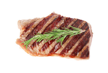 Delicious grilled beef steak with rosemary isolated on white, top view