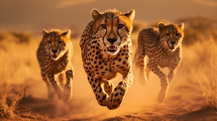 Cheetahs sprinting across a meticulously designed savannah, capturing the sheer speed and grace of these magnificent predators.
