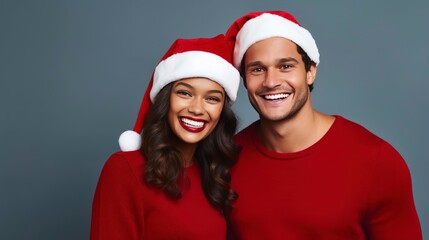 closeup of young couple in stylish Christmas clothes, one color background, copy space - generative ai