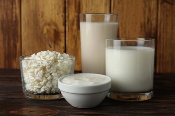 Fresh lactose free products on wooden table