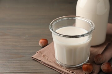 Glassware with lactose free milk and hazelnuts on wooden table, closeup. Space for text