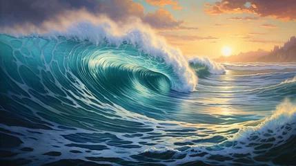 Foto op Canvas Dolphins gracefully leaping and twirling in a beautifully rendered ocean setting, complete with realistic waves. © UMAR_ART