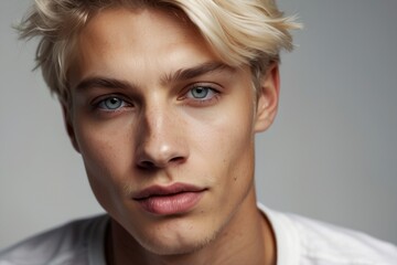 Obraz premium Close-up cropped portrait of the face of a handsome blond male model with blue eyes, expressive cheekbones, plump lips. A direct look.