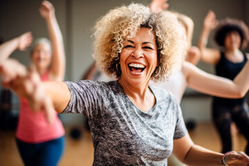 Middle aged women enjoying fun dance classes, aerobics, fitness. Dance class, zumba