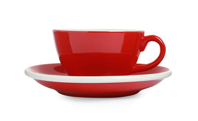 Red ceramic cup with saucer isolated on white