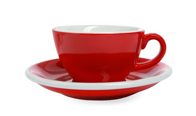 One red ceramic cup isolated on white