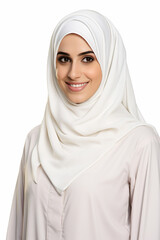 a woman wearing a white hijab and a white shirt