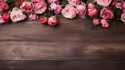 Romantic Background with Roses on Wooden Table. Valentine's Day mock up.