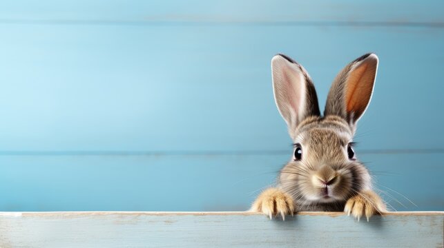 Bunny surprise! Our image features an adorable Easter bunny peeking out of a blue wall.