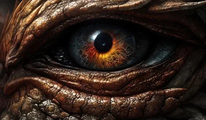 Fotobehang The eye, iris of fire dragon, crocodile, wild animal. The gaze of the devil. Close-up, macro shot. © CFK