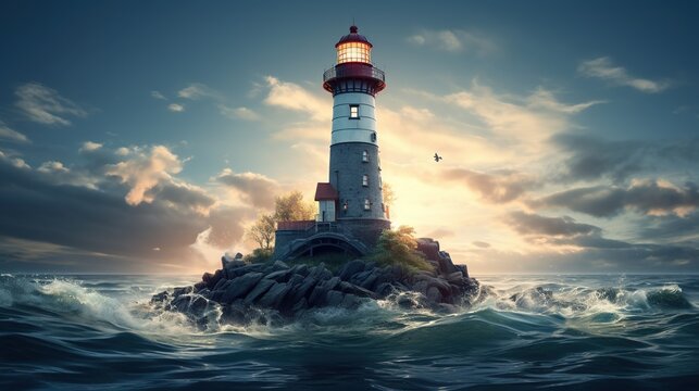 Guidance concept , Lighthouse on small island in middle of the ocean