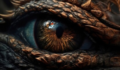 The eye, iris of fire dragon, crocodile, wild animal. The gaze of the devil. Close-up, macro shot.
