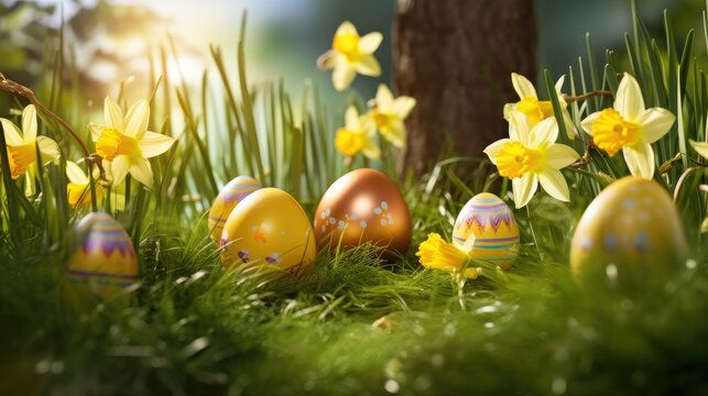 Our image features Easter eggs hiding in the grass with daffodil flowers, creating a festive and playful scene.