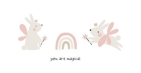 Cute Cartoon Little Bunny Fairy in magic world. © NadezdaBarkova