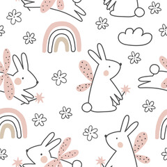 Cute Cartoon Little Bunny Fairy in magic world - seamless pattern