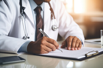 Fototapeta premium Hands of general practitioner filling paper medical records