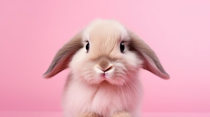 Adorable bunny alert! Our image captures the front view of a white baby Holland Lop rabbit standing on a charming pink background