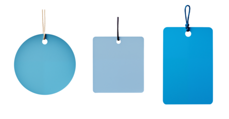 blue tag and label set - round, square, rectangular - isolated transparent PNG background - collection of shapes