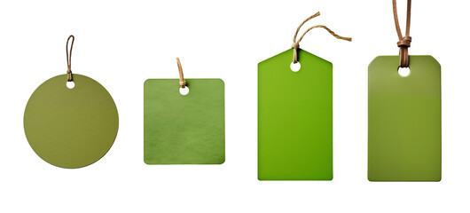 green tag and label set - round, square, rectangular - isolated transparent PNG background - collection of shapes
