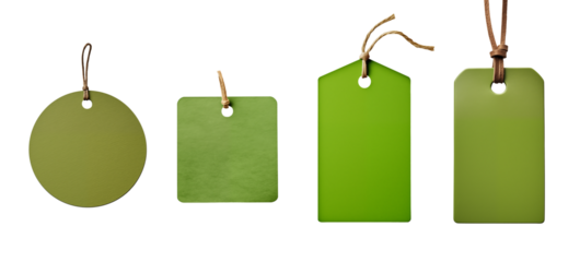 green tag and label set - round, square, rectangular - isolated transparent PNG background - collection of shapes