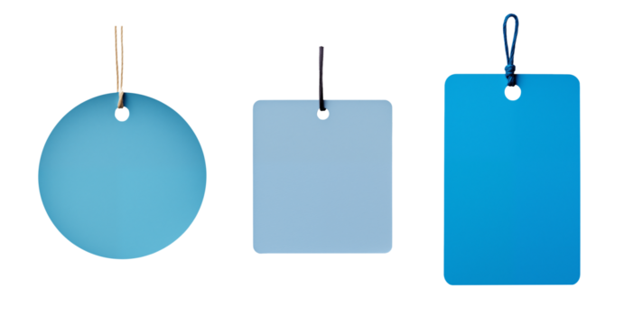 blue tag and label set - round, square, rectangular - isolated transparent PNG background - collection of shapes
