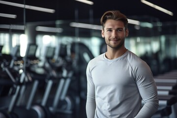 Serious muscular male instructor standing in modern fitness center, man after training