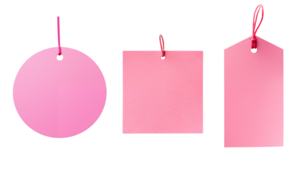 pink tag and label set - round, square, rectangular - isolated transparent PNG background - collection of shapes