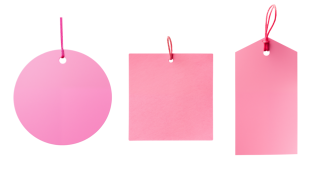 pink tag and label set - round, square, rectangular - isolated transparent PNG background - collection of shapes